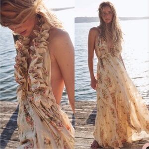 LoveShackFancy Antonie Halter Floral Metallic Maxi Dress Gown in Golden Fog